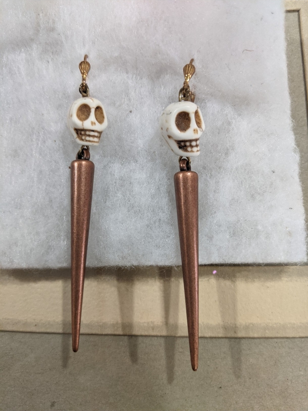 Skull & Copper Spike Drop Earrings - White and Copper